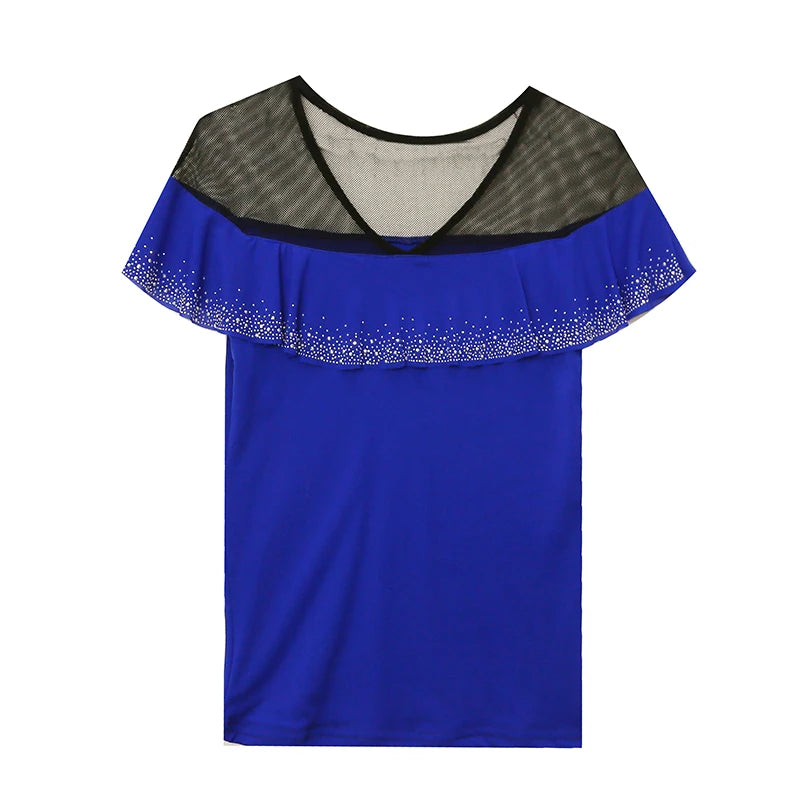 Women's Mesh Ruffle V-Neck Top | Butterfly Sleeve, Diamond Detail, Beach Summer Tee