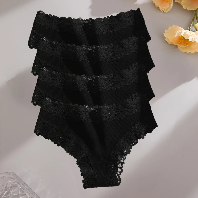 FINETOO 4PCS Sexy Lace Cotton Panties Women Brazilian Panties Ladies Sexy Low Waist Elastic T-Back Bikini Solid Soft Lingerie