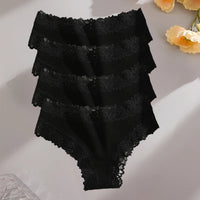 FINETOO 4PCS Sexy Lace Cotton Panties Women Brazilian Panties Ladies Sexy Low Waist Elastic T-Back Bikini Solid Soft Lingerie