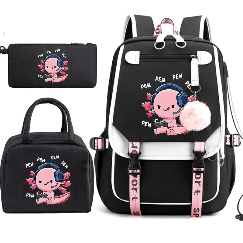 Mochila Escolar Anime Boba Axolotl con Lonchera y Estuche - Set 3 Piezas para Adolescentes
