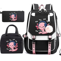 Mochila Escolar Anime Boba Axolotl con Lonchera y Estuche - Set 3 Piezas para Adolescentes