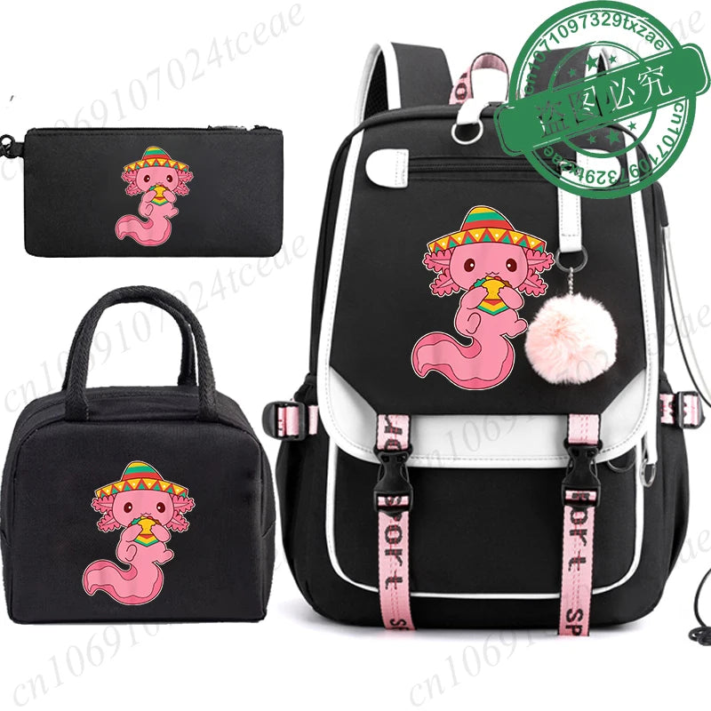 Mochila Escolar Anime Boba Axolotl con Lonchera y Estuche - Set 3 Piezas para Adolescentes