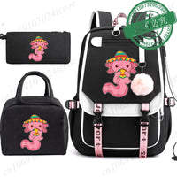 Mochila Escolar Anime Boba Axolotl con Lonchera y Estuche - Set 3 Piezas para Adolescentes