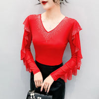Korean Mesh Ruffle Top with Hot Diamonds | Long Sleeve Slim Fit Women's Shirt
