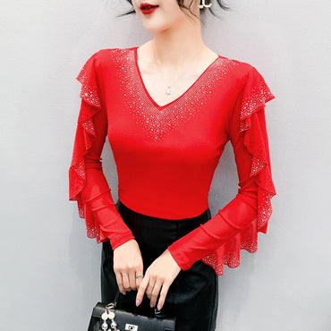 Korean Mesh Ruffle Top with Hot Diamonds | Long Sleeve Slim Fit Women's Shirt