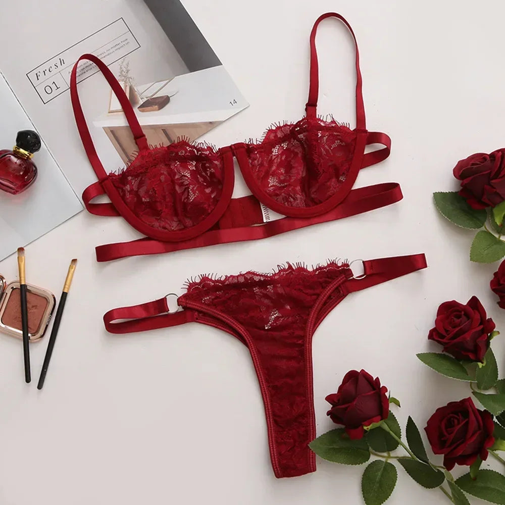 Delicate Embroidered Lace Lingerie Set - Wire-Free Push Up Bra & Panty