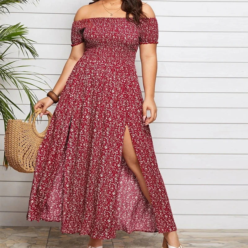 Boho Floral Off-Shoulder Split Maxi Dress | Elastic Waist A-Line Women's Summer Dress up to 4XL