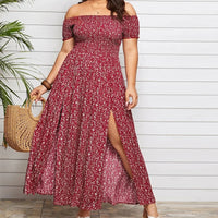 Boho Floral Off-Shoulder Split Maxi Dress | Elastic Waist A-Line Women's Summer Dress up to 4XL