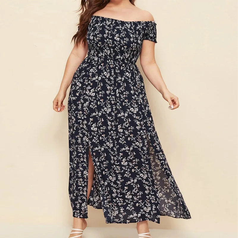 Boho Floral Off-Shoulder Split Maxi Dress | Elastic Waist A-Line Women's Summer Dress up to 4XL