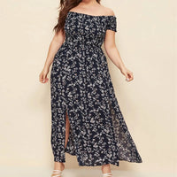Boho Floral Off-Shoulder Split Maxi Dress | Elastic Waist A-Line Women's Summer Dress up to 4XL