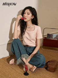 Camiseta Mujer Cuello Cuadrado - Manga Corta Algodón Elegante Oficina Primavera
