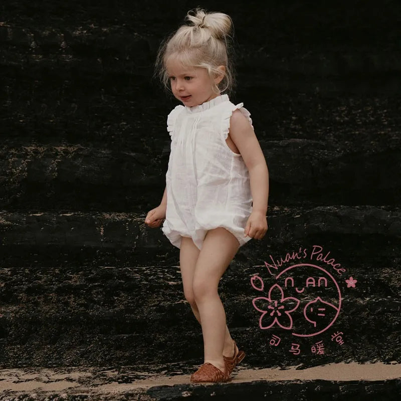 Baby Girls Vintage Linen & Cotton Ruffle Romper | Sleeveless Bodysuit, Ages 0–24M