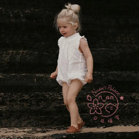 Baby Girls Vintage Linen & Cotton Ruffle Romper | Sleeveless Bodysuit, Ages 0–24M
