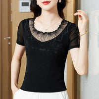 Embroidered Diamond Lace Long Sleeve Top – Loose Fit O-Neck Women's Tee