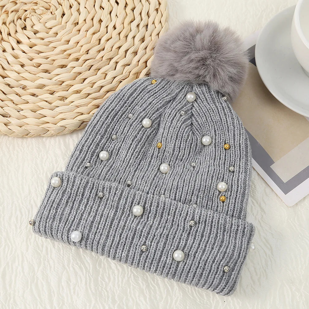 Gorro Invierno Mujer con Pompones y Perlas - Beanie Lana Tejido Cálido y Elegante