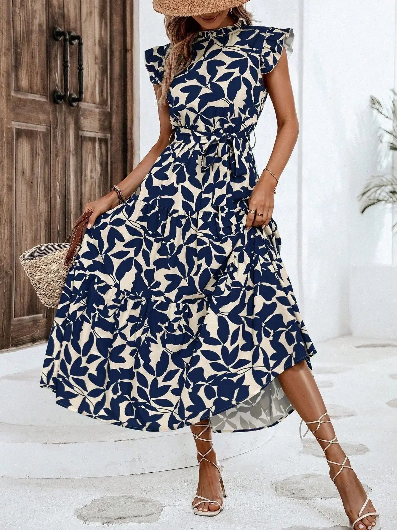 Floral Flying Sleeve Lace-Up Fairy Dress | A-Line Midi Women's Summer Dress