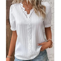 V-Neck Hollow Short Sleeve Blouse – Solid Chiffon Loose Fit Women's Top