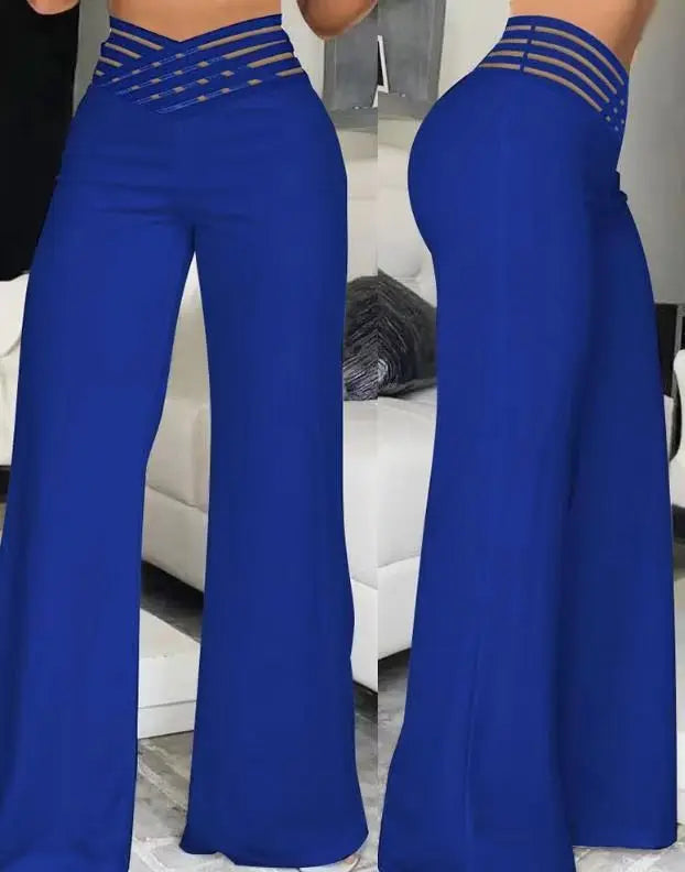 High Waist Loose Long Pants Wide Leg Pants Hollow out Belt Casual Loose Fit Ladies Fashion Polyester Fiber Printed