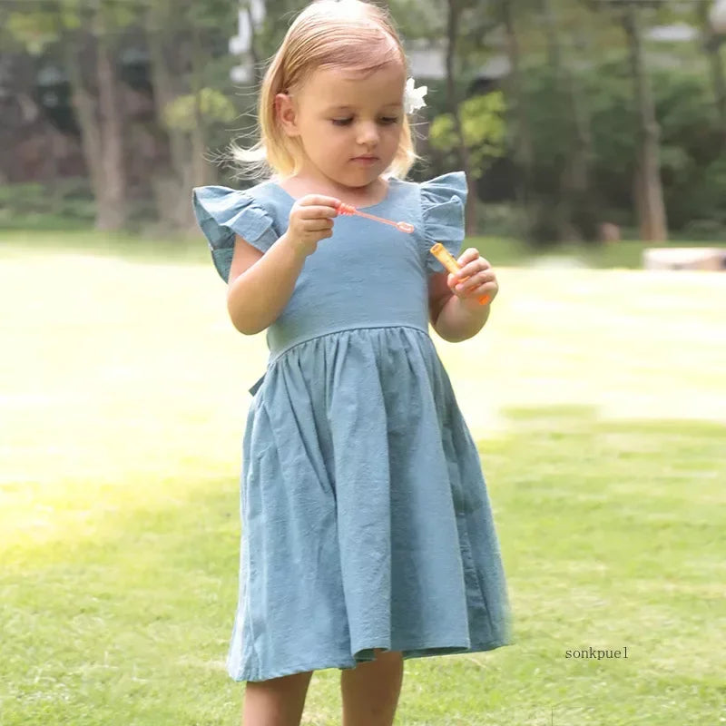 Girls Cotton Linen Princess Dress - Flutter Sleeve A-Line | Ages 4-6Y