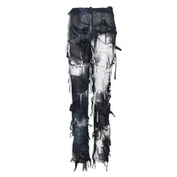 Women s Vintage High Waisted Flare Jeans Pants Retro Tie-Dye Print Bell Bottom Trousers with Fringe Detail for Boho Chic Street