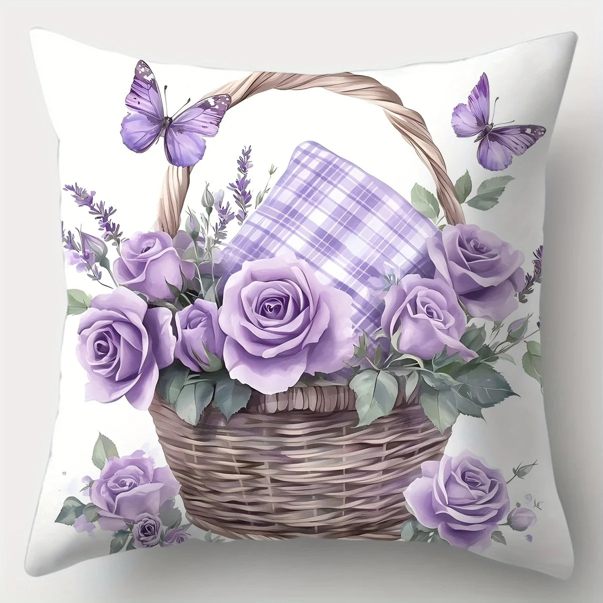 Purple Rose & Butterfly Pillow Cover Set of 4 | Floral Printed Cotton Cushion Cases