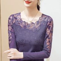 Embroidered Diamond Lace Long Sleeve Top – Loose Fit O-Neck Women's Tee