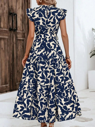 Floral Flying Sleeve Lace-Up Midi Dress | Elegant A-Line Empire Waist Women's Summer Dress