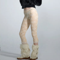 Leggings de Encaje Transparente Estilo Y2K - Mallas Capri con Malla Floral y Lazo Decorativo