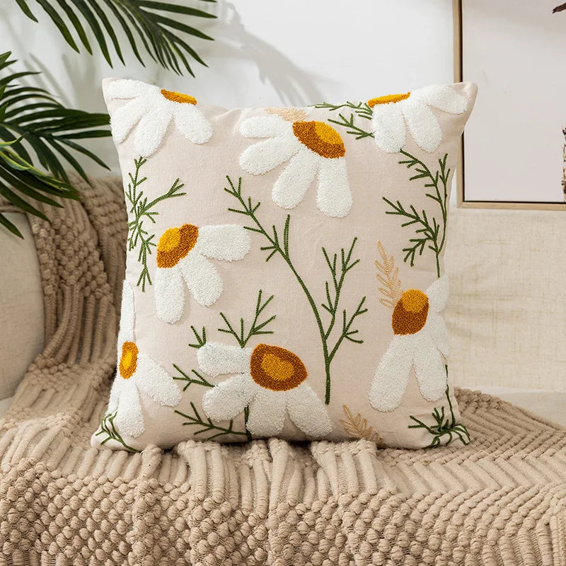 Floral Embroidered Cotton Pillow Cover - Rustic Decorative Cushion Case