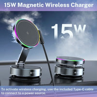 VIKEFON 15W MagSafe Car Mount Wireless Charger – Active Cooling, RGB Light, 360° Adjustable | iPhone 12–16