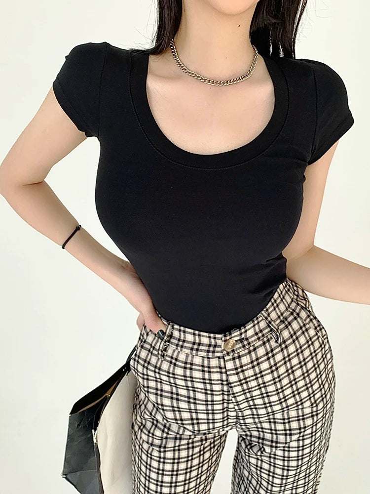 Camiseta Mujer 100% Algodón - Cuello Redondo Slim Fit Básica Coreana Verano 2025