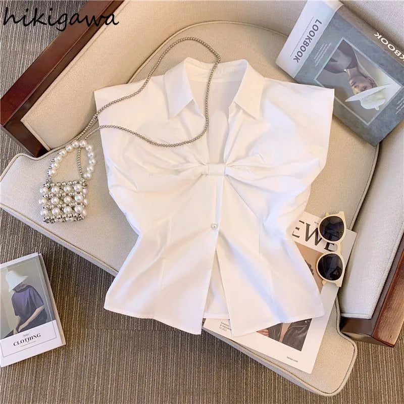V-Neck Bow Sleeveless Crop Blouse – Korean Temperament Slim Fit Women's Summer Top