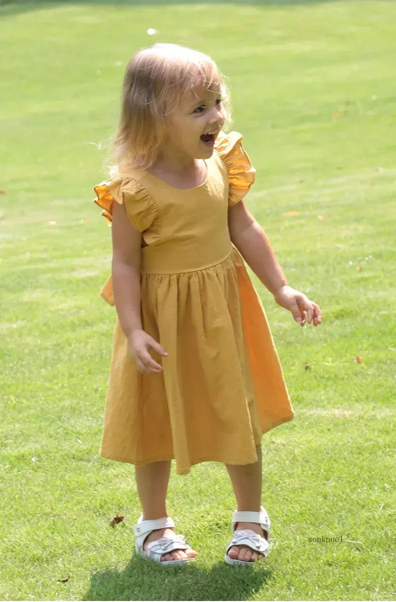 Girls Cotton Linen Princess Dress - Flutter Sleeve A-Line | Ages 4-6Y