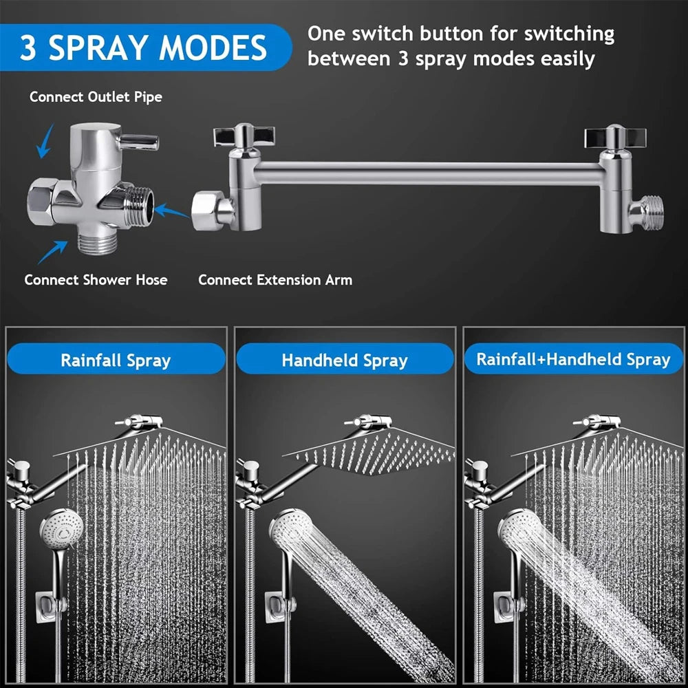 Shower Head Combo 8-12Inch High Pressure Rain Shower Head with Adjustable Extension Arm With 3-way Handheld Shower Spray