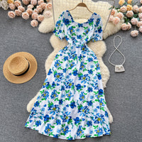 Contrast Color Print A-Line Midi Dress | Sweet High Waist Short Sleeve Women's Summer Dress