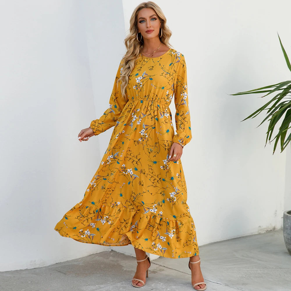 Vestido Maxi Mujer Bohemio - Manga Larga Cintura Alta Estampado Floral Chiffon Playa