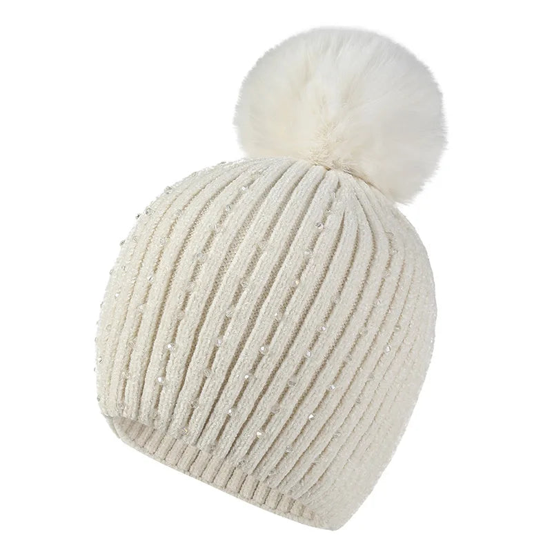 Gorro Invierno Mujer con Pompones y Perlas - Beanie Lana Tejido Cálido y Elegante
