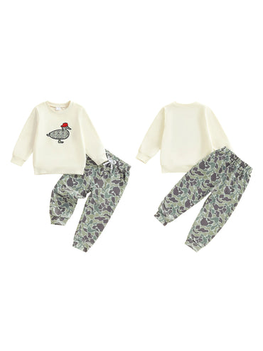 Toddler Boy 2-Piece Winter Outfit Hooded Bear Embroidery Jacket Fleece Lined Pants Set Cozy Clothes for Cold Weather