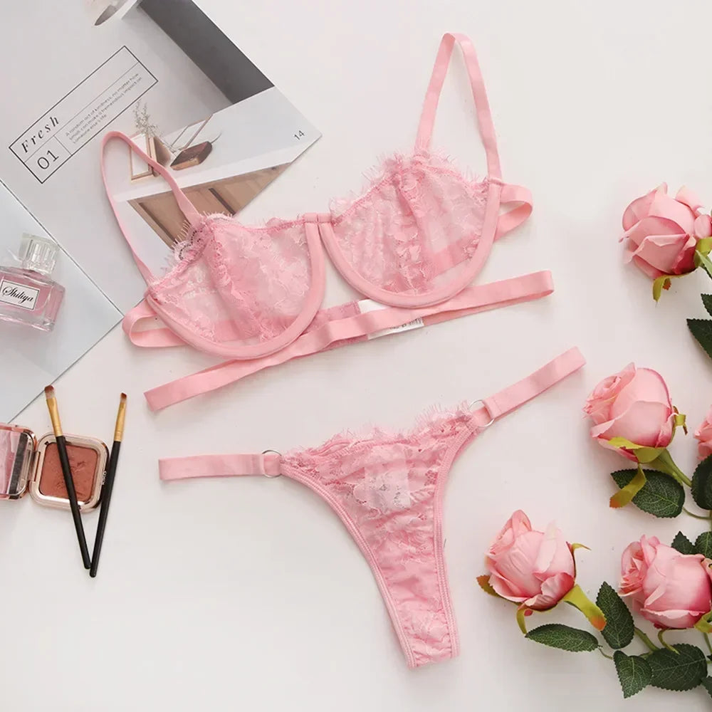 Delicate Embroidered Lace Lingerie Set - Wire-Free Push Up Bra & Panty