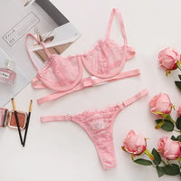 Delicate Embroidered Lace Lingerie Set - Wire-Free Push Up Bra & Panty