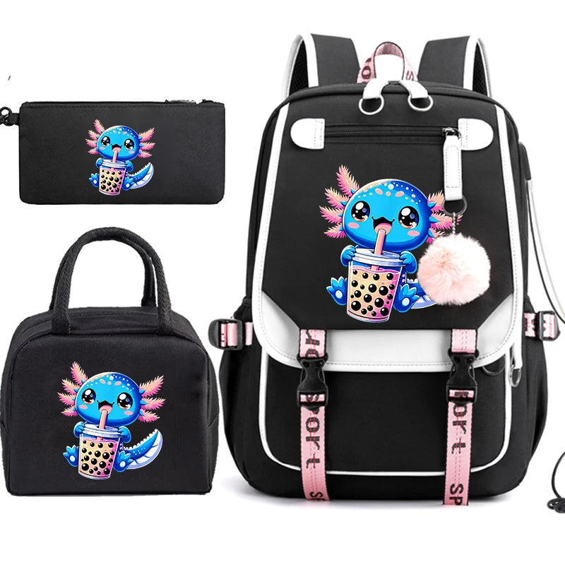 Mochila Escolar Anime Boba Axolotl con Lonchera y Estuche - Set 3 Piezas para Adolescentes