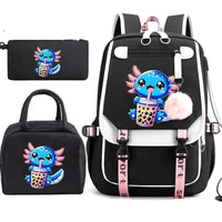 Mochila Escolar Anime Boba Axolotl con Lonchera y Estuche - Set 3 Piezas para Adolescentes
