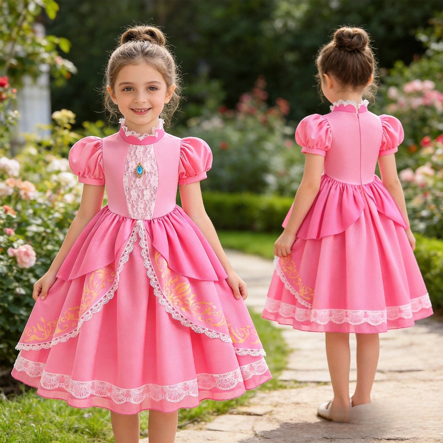 Lace Puff Sleeve Ball Gown – Elegant Princess Party Dress for Girls Ages 4–8