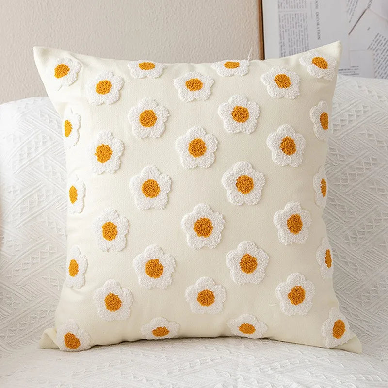 Floral Embroidered Cotton Pillow Cover - Rustic Decorative Cushion Case