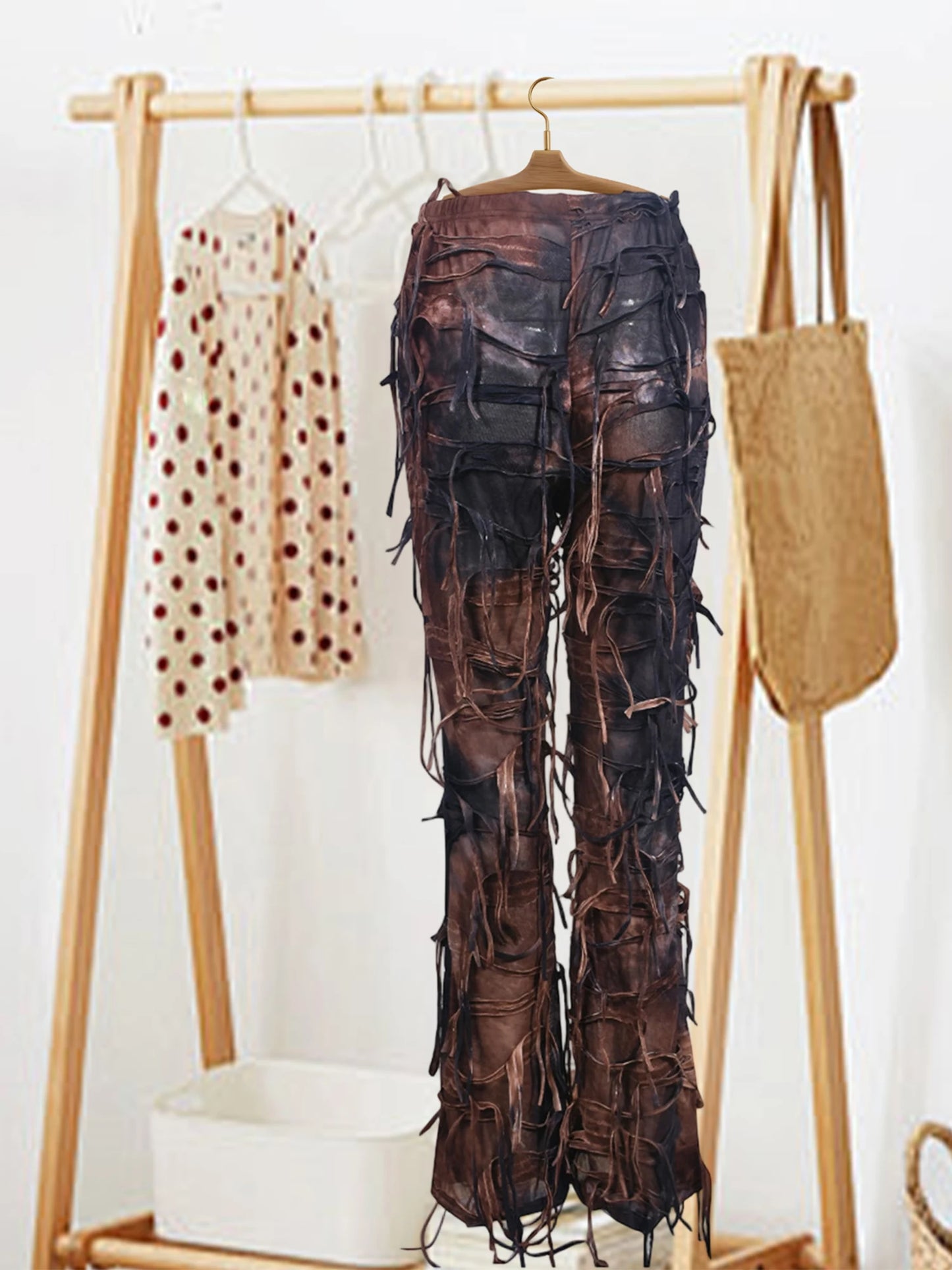 Women s Vintage High Waisted Flare Jeans Pants Retro Tie-Dye Print Bell Bottom Trousers with Fringe Detail for Boho Chic Street