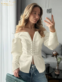 Blusa Elegante Beige con Cordones - Cuello Slash Manga Larga para Mujer
