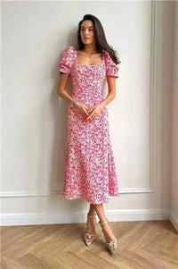 Vestido Midi Floral Coreano - Manga Corta Abullonada Elegante para Mujer