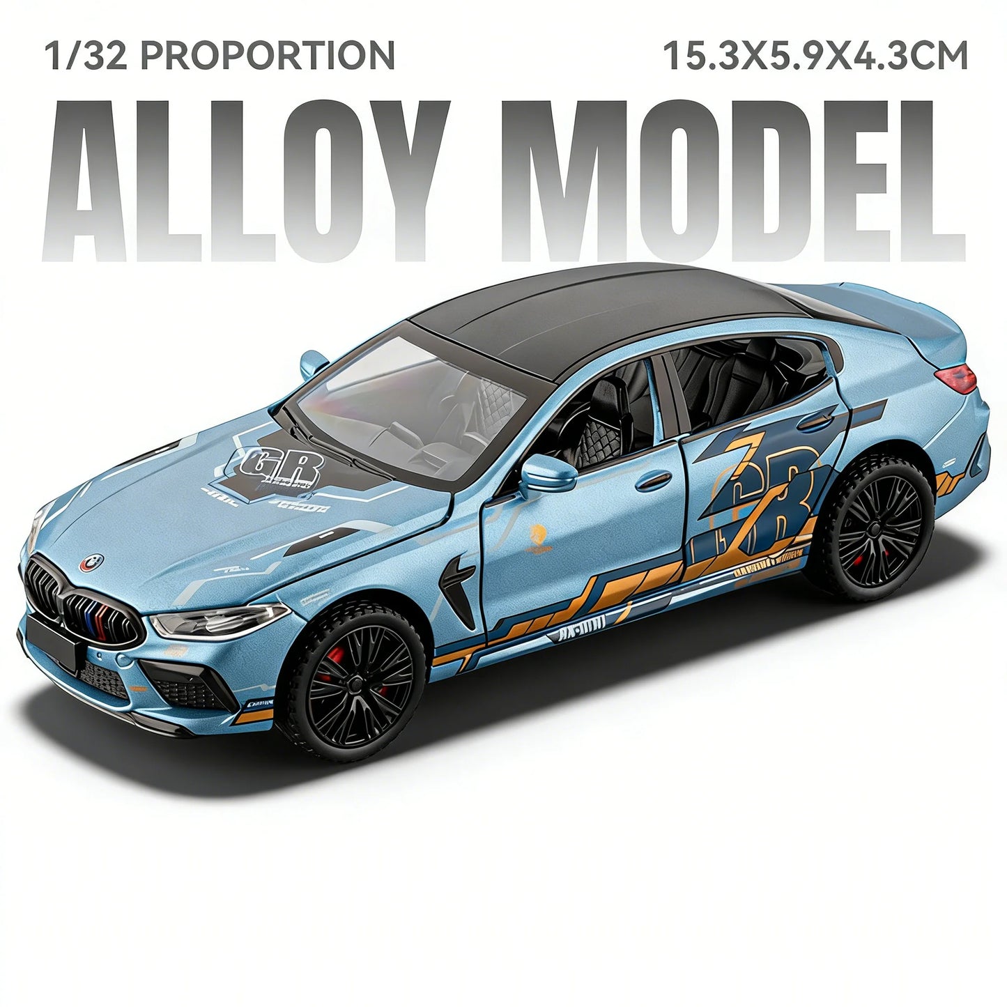 Modelo Auto BMW M8/M4 1:32 Aleación Diecast - Puertas Abren, Luz, Sonido y Pull Back Regalo Niños