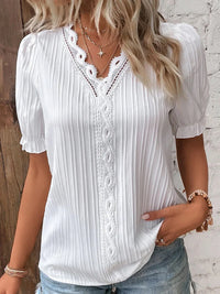 V-Neck Hollow Short Sleeve Blouse – Solid Chiffon Loose Fit Women's Top