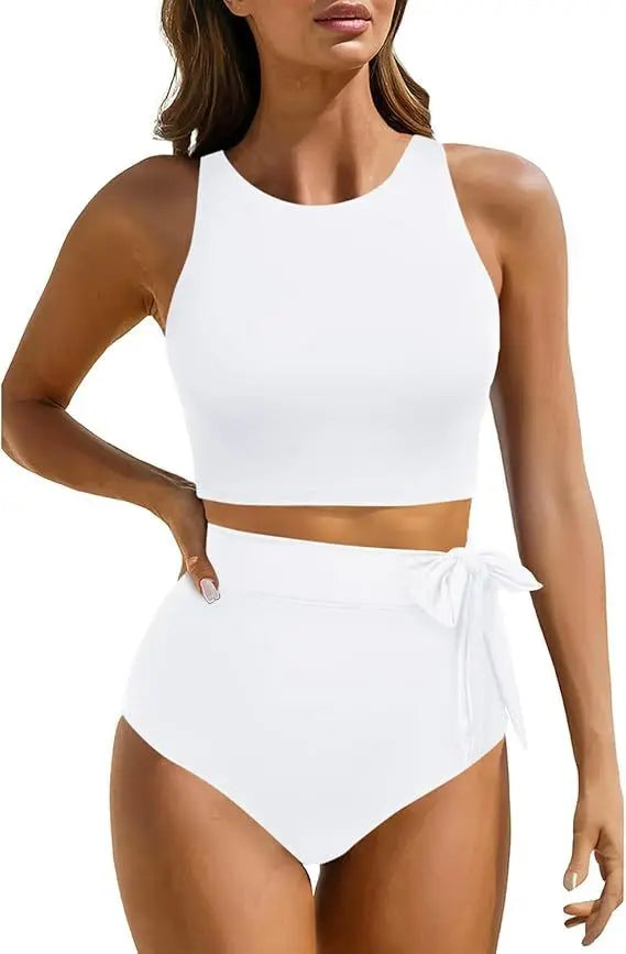 Women's High Waist Bandeau Bikini Set | Solid Color Sporty Swimwear | 2-Piece